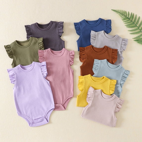 Plain Solid Color Bodysuit Flutter Sleeve Snap Crotch Knit Romper Playwear Sleepwear Jumpsuit Baby Girls