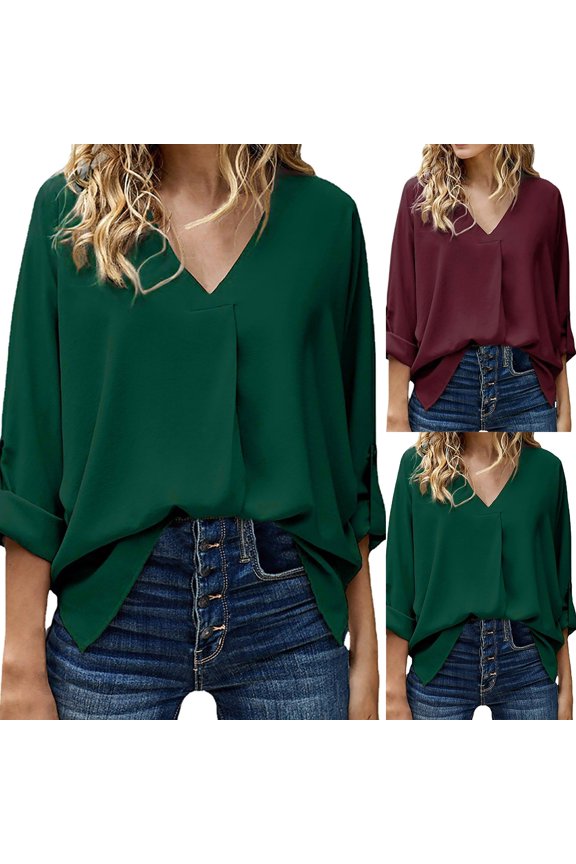 Plain Solid Color V Neck Top Plus Size Oversized Loose Fit Long Sleeve Casual Layering Tunics Blouse for Women