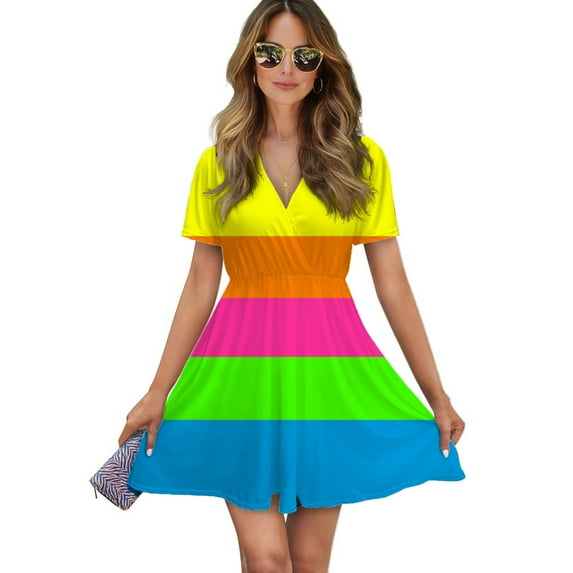 Plain Solid Neon Fluorescent Rainbow Stripes 5 Colors Women Dress V-Neck Short Sleeve Flowy Swing Party Midi Dress
