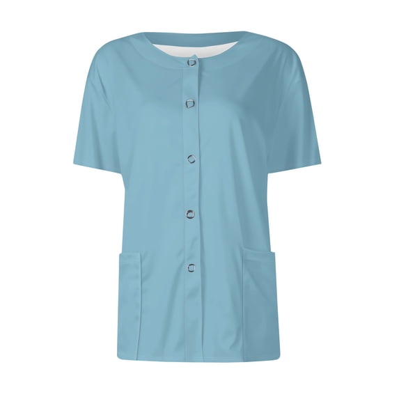 Plain Solid Snap Button Scrub Tunic for Women Round Neck Short Sleeve Lightweight Nurse Spa Work Top With Storage Pockets