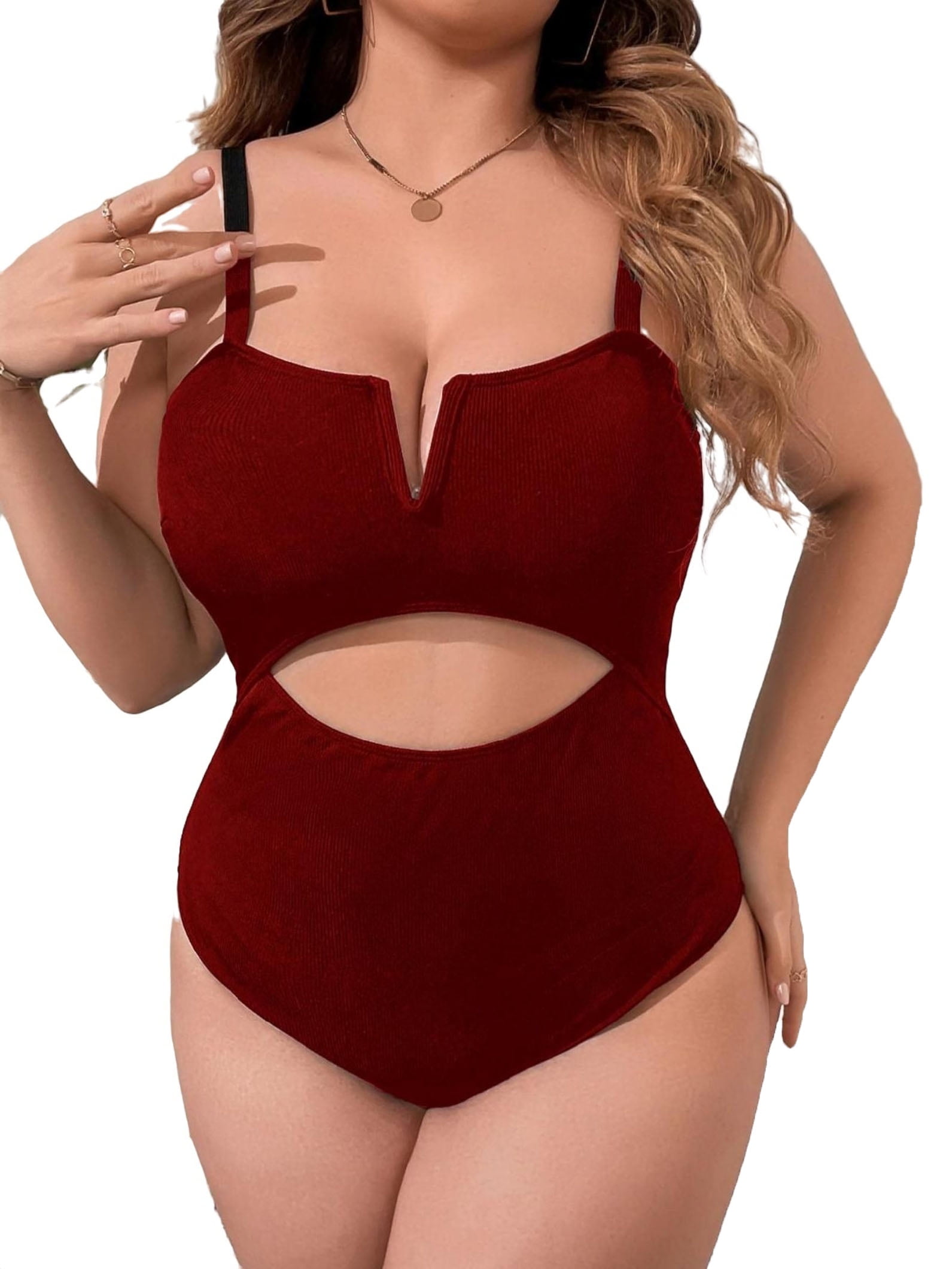 Plain Spaghetti Strap Burgundy Plus Size Swimsuit Women s Plus