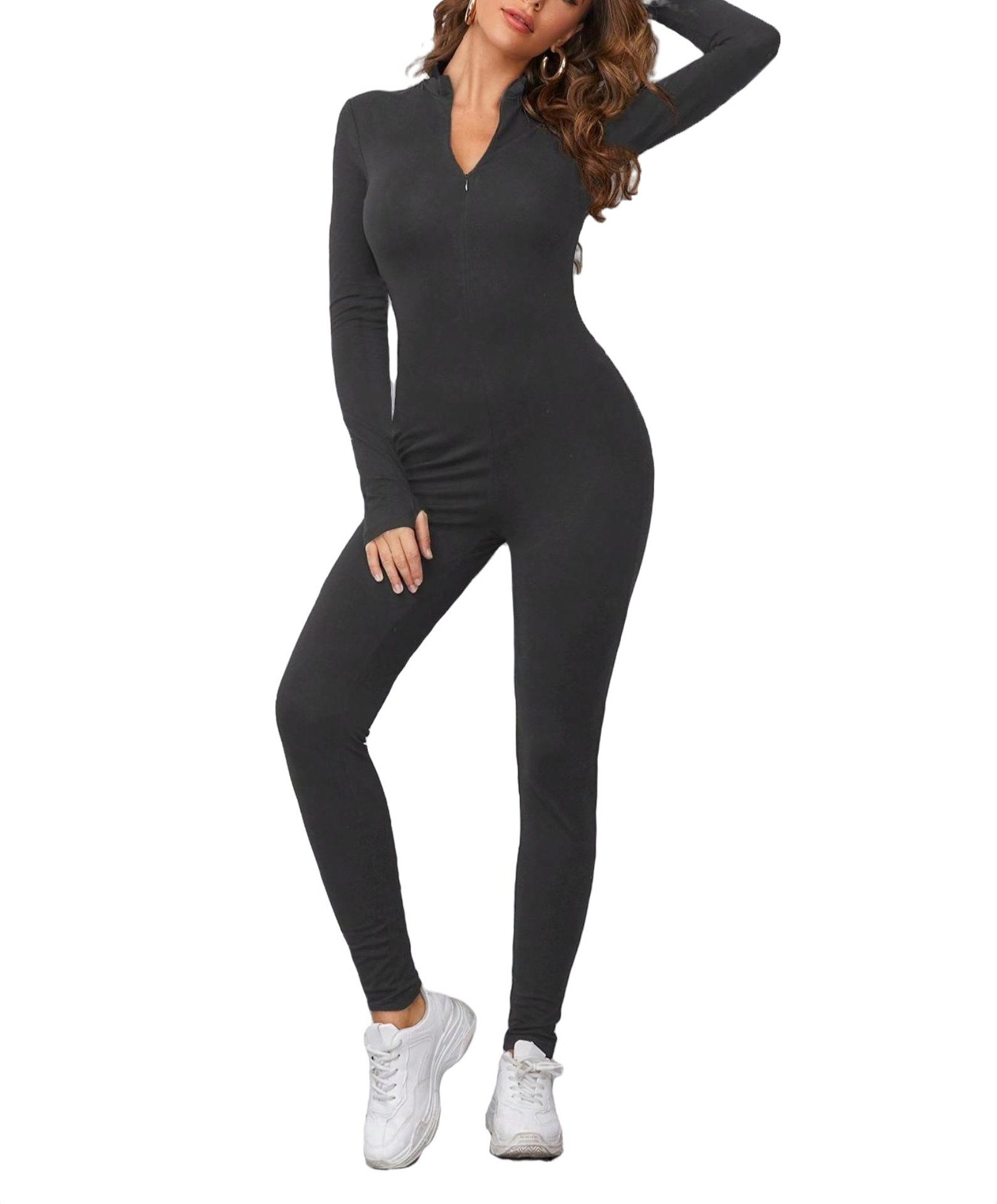 Plain Stand Collar Jumpsuit Dark Grey Women Unitards