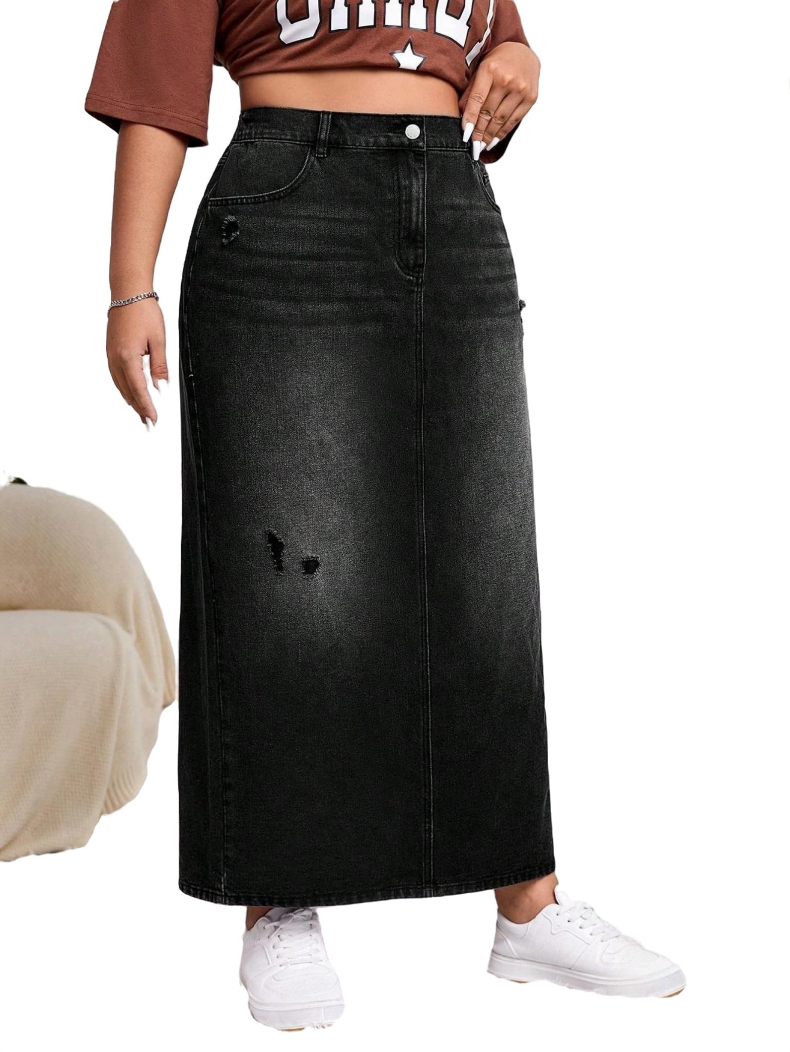 Plus size long black denim skirt hotsell