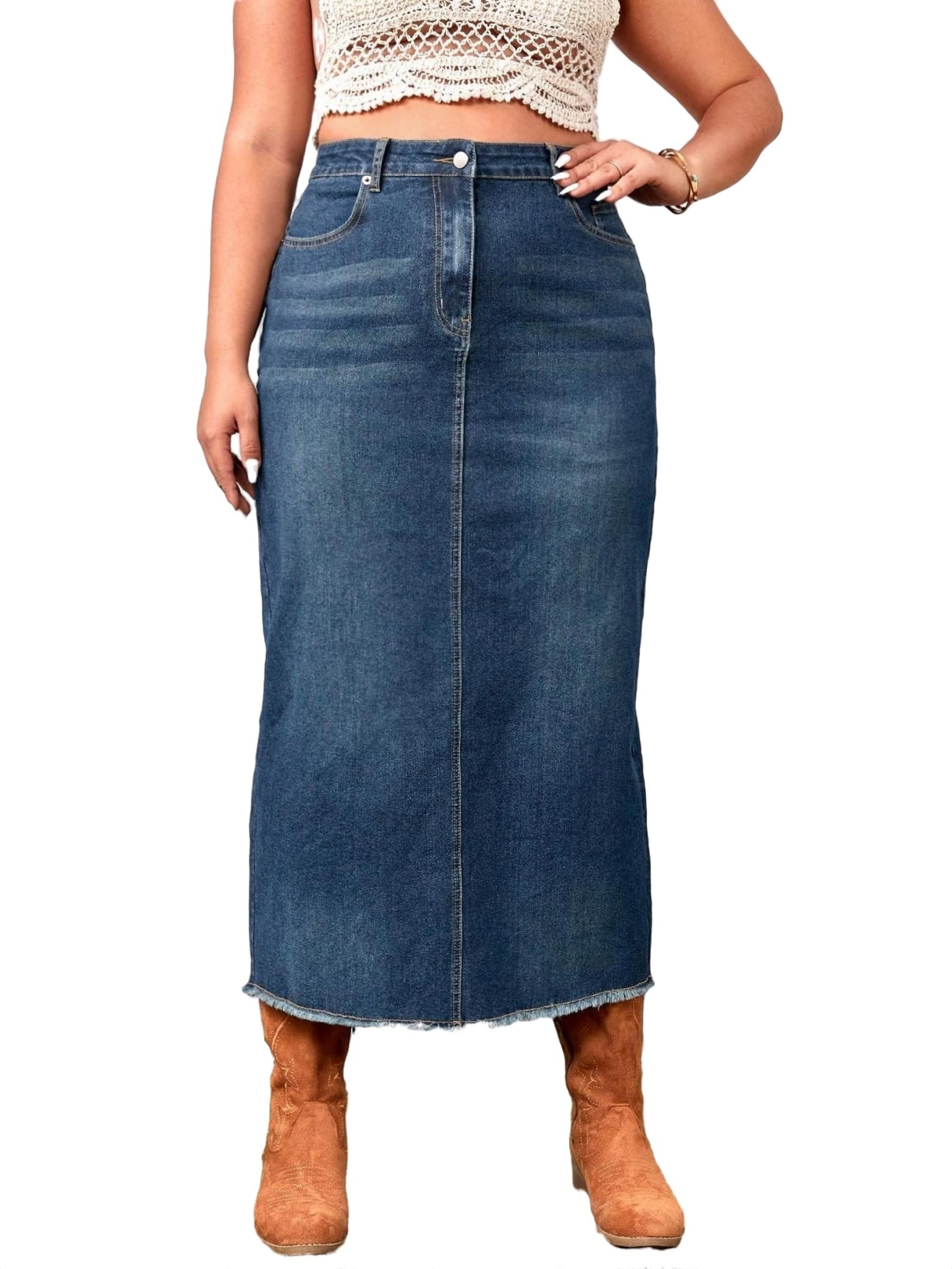 Plain Straight Dark Wash Plus Size Denim Skirts