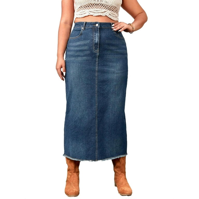 Plain Straight Dark Wash Plus Size Denim Skirts