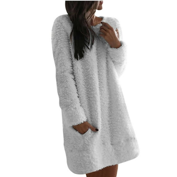 Plain Sweater Dress for Women Soft Warm Fleece Casual Crewneck Pullover Pocket Long Sleeve Sweatshirt Mini Dresses (Medium, Gray)