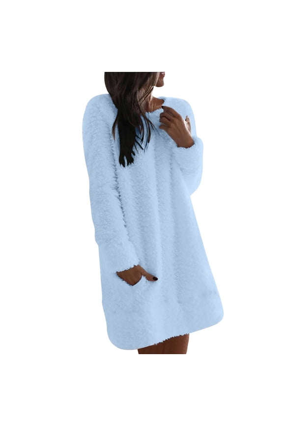 Plain Sweater Dress for Women Soft Warm Fleece Casual Crewneck Pullover Pocket Long Sleeve Sweatshirt Mini Dresses (X-Large, Blue)