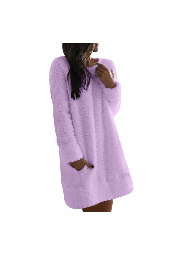 Plain Sweater Dress for Women Soft Warm Fleece Casual Crewneck Pullover Pocket Long Sleeve Sweatshirt Mini Dresses (X-Large, Purple)