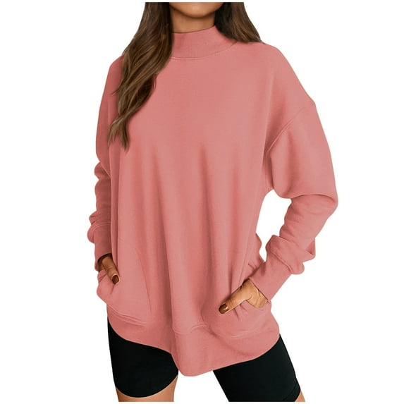 Plain Sweatshirt Pullover for Women Mock Neck Long Sleeve Casual Fall Tops with Pockets Baggy Jogging Outfit (L, Pink)