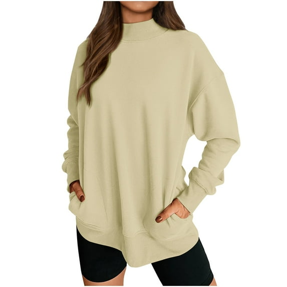 Plain Sweatshirt Pullover for Women Mock Neck Long Sleeve Casual Fall Tops with Pockets Baggy Jogging Outfit (M, Khaki)