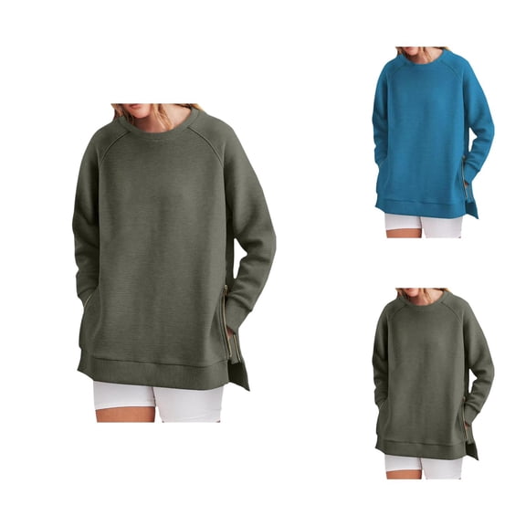 Plain Sweatshirt for Women 2025 Fall Winter Long Sleeve Crewneck Zipper Side Slit Pullover Top