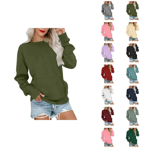 Plain Sweatshirts for Women 2025 Fall Winter Long Sleeve Crewneck Casual Basic Sweatshirt with Pockets Pullover Tops