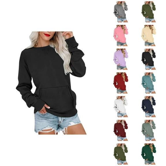 Plain Sweatshirts for Women 2025 Fall Winter Long Sleeve Crewneck Casual Basic Sweatshirt with Pockets Pullover Tops