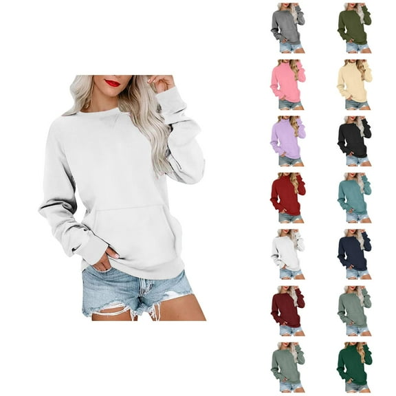 Plain Sweatshirts for Women 2025 Fall Winter Long Sleeve Crewneck Casual Basic Sweatshirt with Pockets Pullover Tops