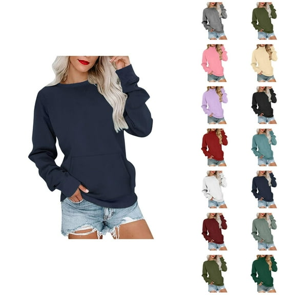 Plain Sweatshirts for Women 2025 Fall Winter Long Sleeve Crewneck Casual Basic Sweatshirt with Pockets Pullover Tops