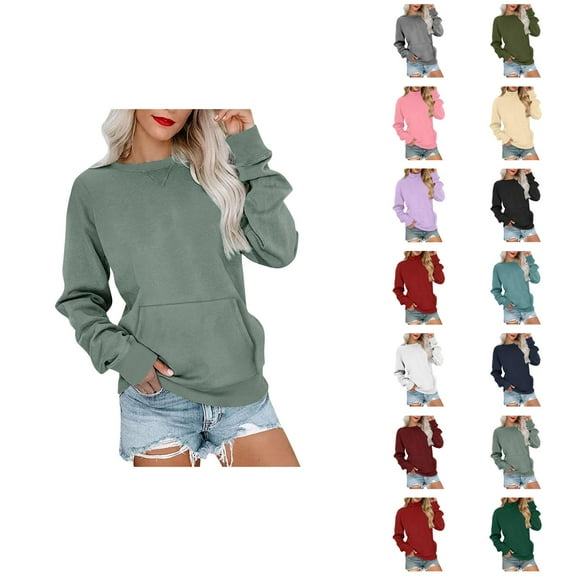 Plain Sweatshirts for Women 2025 Fall Winter Long Sleeve Crewneck Casual Basic Sweatshirt with Pockets Pullover Tops