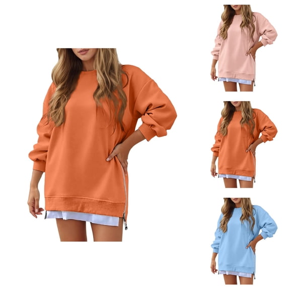 Plain Sweatshirts for Women 2025 Long Sleeve Crewneck Side Zipper Sweatshirt Pullover Tops Fall Winter Outfits