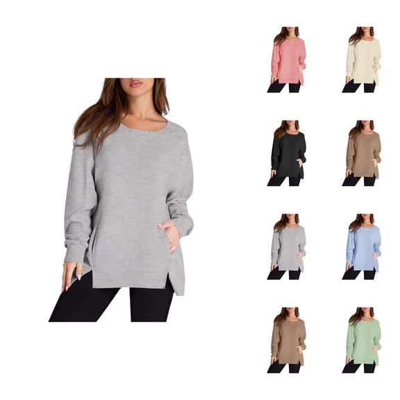 Plain Sweatshirts for Women 2025 Long Sleeve Lightweight Crewneck Side Slit Basic Sweatshirt Pullover Tops