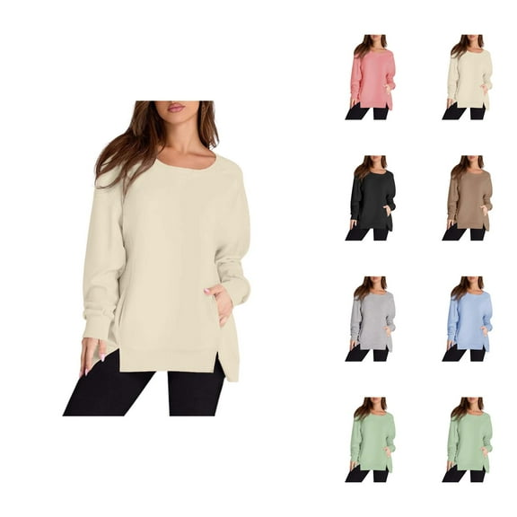 Plain Sweatshirts for Women 2025 Long Sleeve Lightweight Crewneck Side Slit Basic Sweatshirt Pullover Tops