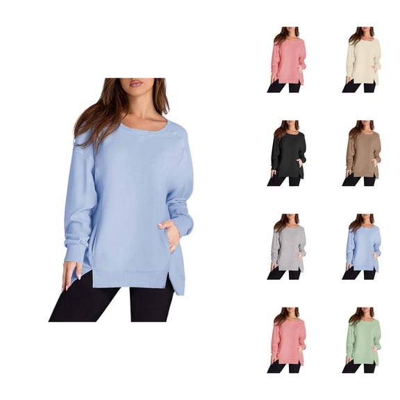 Plain Sweatshirts for Women 2025 Long Sleeve Lightweight Crewneck Side Slit Basic Sweatshirt Pullover Tops