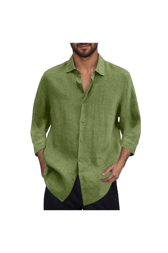 Plain T Shirt for Mens Summer Fall 3/4 Length Sleeve Collared Turtleneck Neck Faux Gauze Linen Print Tee Shirt Tops Man Button 2026 Clothes Y2K