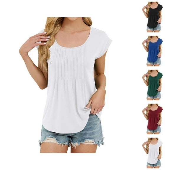 Plain T Shirts for Women 2025 Cap Sleeve Scoop Neck Pleated Front Loose Casual Tee Shirt Womens T Shirts