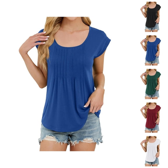 Plain T Shirts for Women 2025 Cap Sleeve Scoop Neck Pleated Front Loose Casual Tee Shirt Womens T Shirts