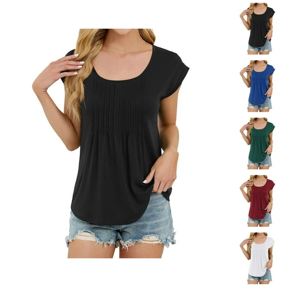Plain T Shirts for Women 2025 Cap Sleeve Scoop Neck Pleated Front Loose Casual Tee Shirt Womens T Shirts