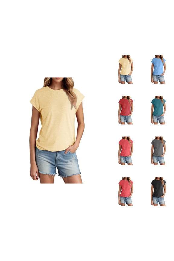 Plain T Shirts for Women 2025 Solid Color Summer Lightweight Cap Sleeve Crewneck Casual Basic Tshirt Womens T Shirts