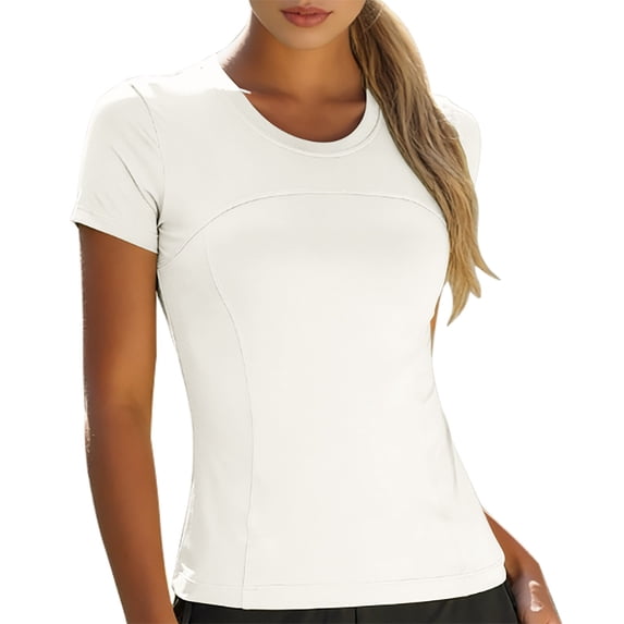 Plain T Shirts for Women Athletic Nylon Compression Crewneck Short Sleeve Yoga Gym Workout Tee Summer Tops
