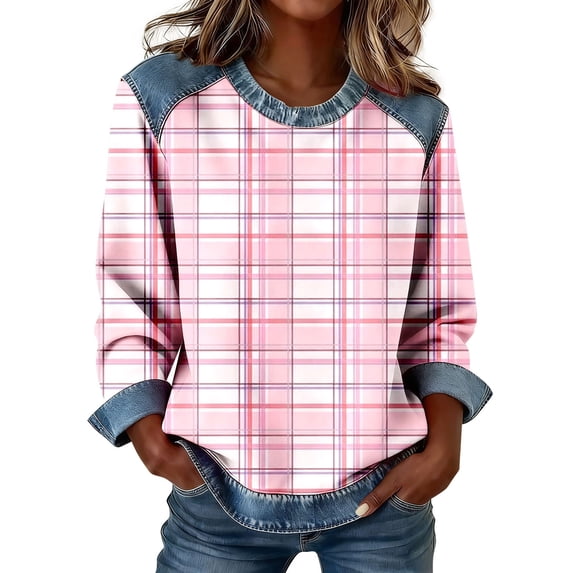 Plain T Shirts for Women Breast Cancer Print Plaid Spliced Denim Crew Neck Casual Pullover Tee Summer Tops
