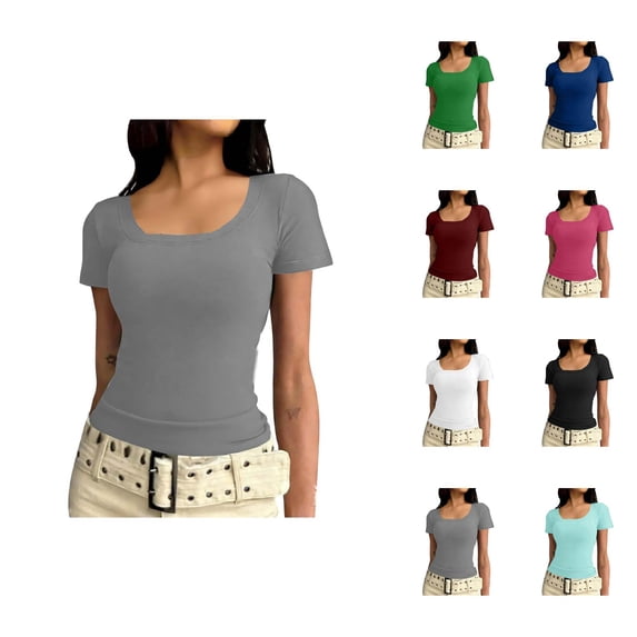 Plain T Shirts for Women Summer Short Sleeve U Neck Stretch Slim Fitted Tshirts Base Layer Solid Basic Tees