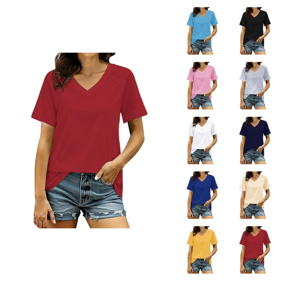 Plain T Shirts for Women Summer Short Sleeve V Neck Casual Loose Tshirts Lightweight Breathable Basic Tees