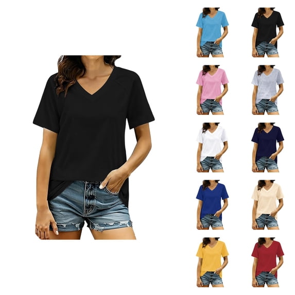 Plain T Shirts for Women Summer Short Sleeve V Neck Casual Loose Tshirts Lightweight Breathable Basic Tees