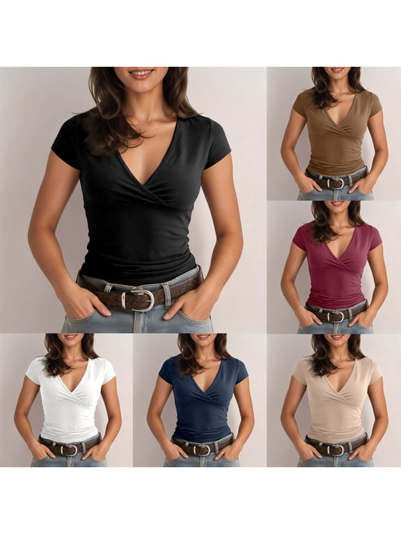 Plain T Shirts for Women Women V Neck Short Sleeve Basic Solid T Shirt Navy L