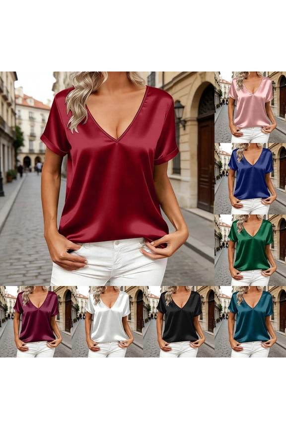 Plain T Shirts for Women Women's Solid V Neck Short Sleeve V Neck Breathable Casual Top Brick Red L