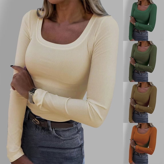 Plain Tshirts for Women Women Long Sleeve Square Neck Slim Fit Ribbed Thermal Undershirt Army Green L