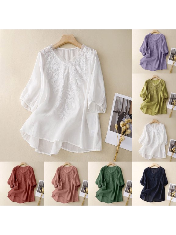 Plain Tshirts for Women Women Solid V Neck Literary Five Quarter Sleeve Design Top White L