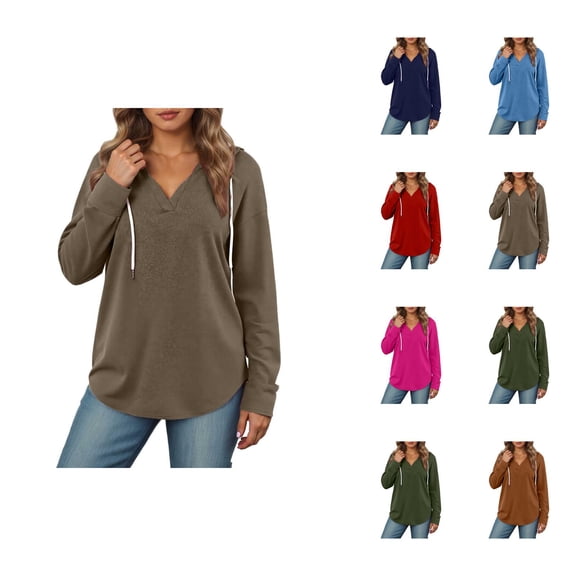 Plain V Neck Hoodies for Women Fall Winter Long Sleeve Casual Loose Basic Hooded Sweatshirt Pullover Tops