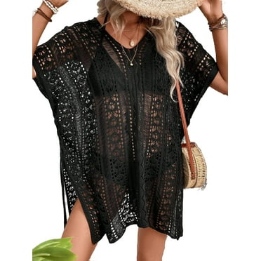 Plain V neck Elbow-Length Black Women Cover Ups Without Bikini (Women's)