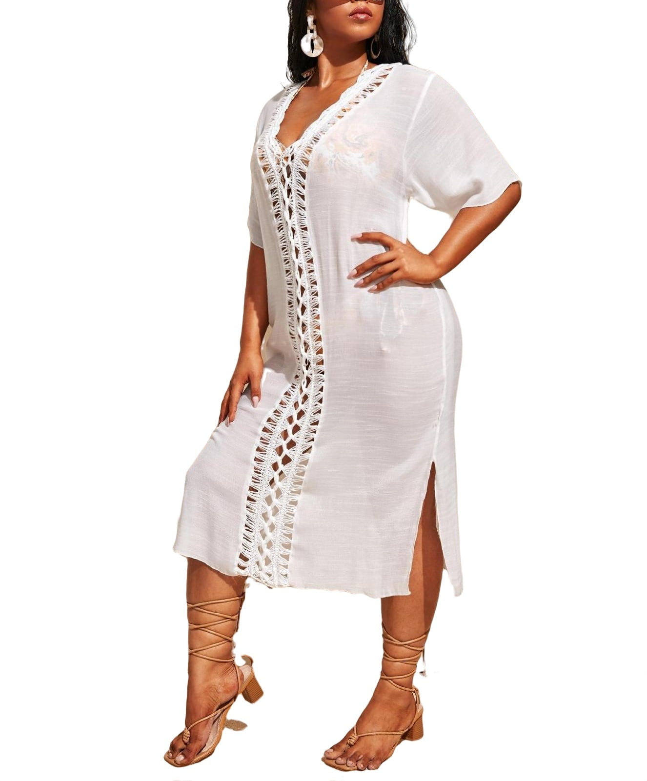Plain V neck ElbowLength White Plus Size Cover Ups (Women's Plus