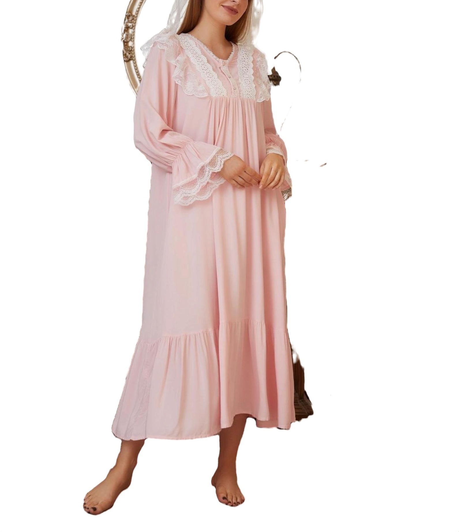 Plain V neck PJ Long Sleeve Nightdress Baby Pink Womens PJ ...