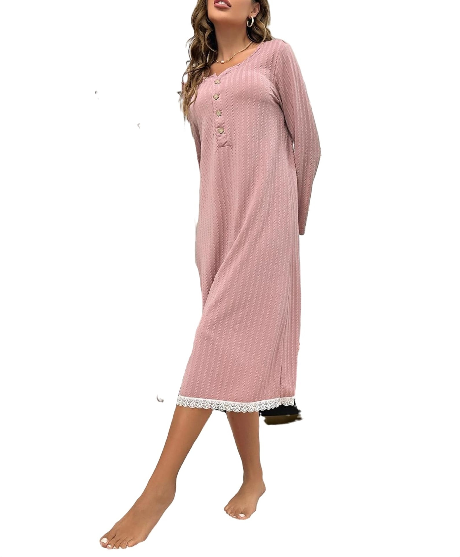 Plain V neck Sleepshirts Long Sleeve Nightdress Dusty Pink Womens ...