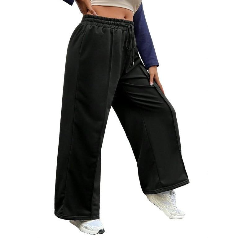Plain Wide Leg Black Plus Size Sweatpants