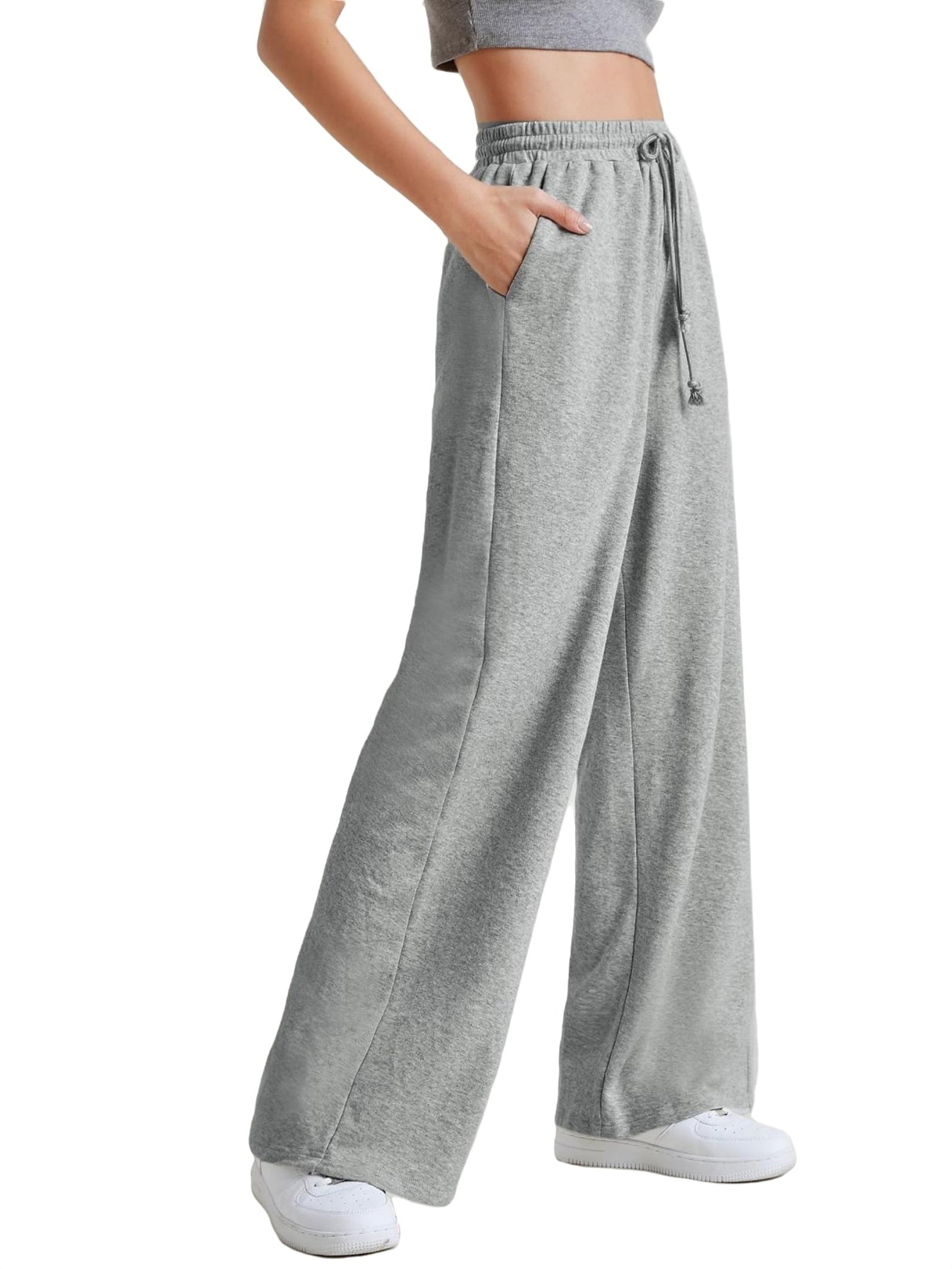 Plain Wide Leg Light Grey Women Sweatpants (Women's)