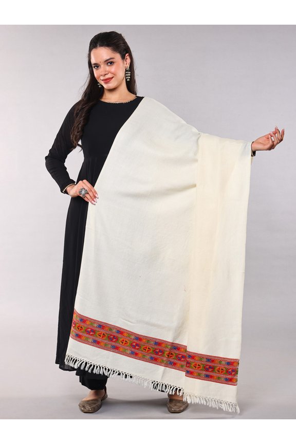 Plain Yak Wool Shawl from Kullu with Multicolor woven Kinnauri Border – Ivory