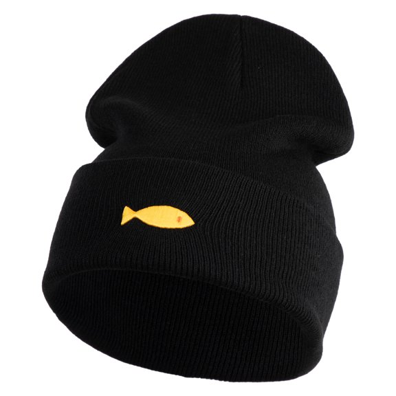 Plain Yellow Fish Sealife Embroidered Iron On Patched 12 Inch Long Knitted Beanie - Black OSFM
