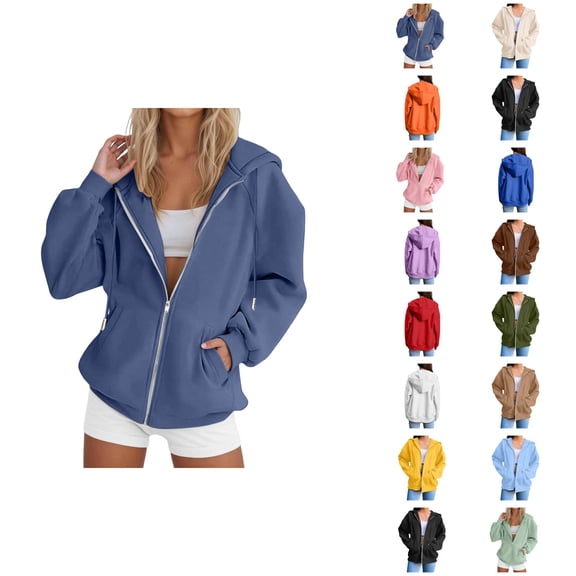 Plain Zip Up Hoodie Sweatshirts for Women 2025 Long Sleeve Full Zipper Hooded Jacket Coat with Pockets Outerwear
