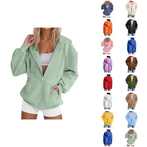 Plain Zip Up Hoodie Sweatshirts for Women 2025 Long Sleeve Full Zipper Hooded Jacket Coat with Pockets Outerwear