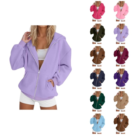 Plain Zip Up Hoodie for Women 2025 Fall Winter Long Sleeve Casual Solid Color Hooded Sweatshirt with Pockets Jacket Outerwear